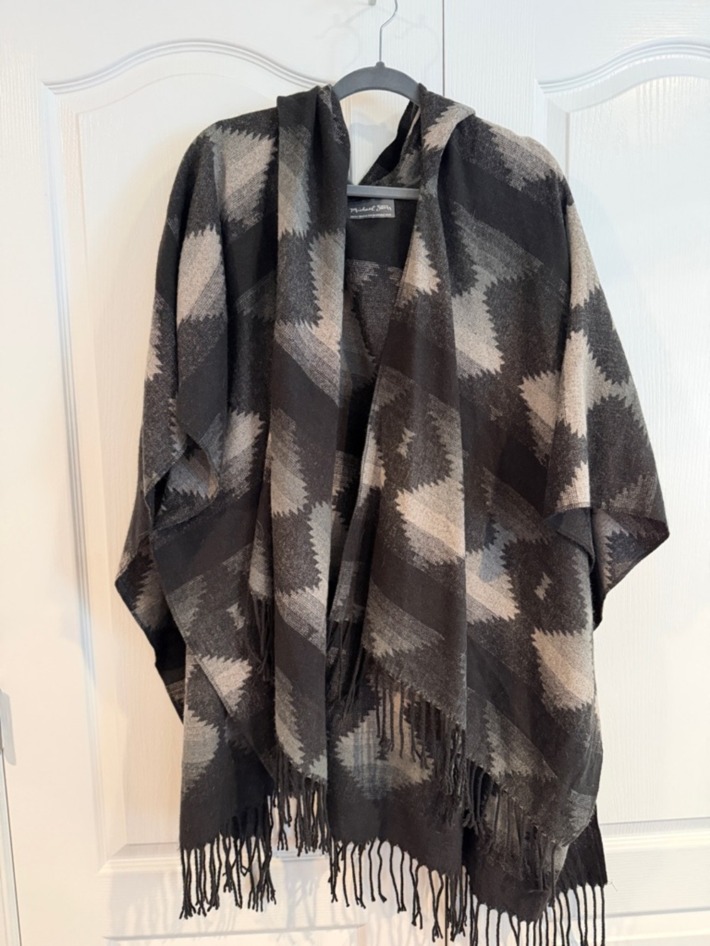 Michael Stars Black and Gray Geometric Hooded Poncho with Fringe